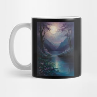 Moonlit Lake Surrounded by Blooming Trees and Mountain Range Mug